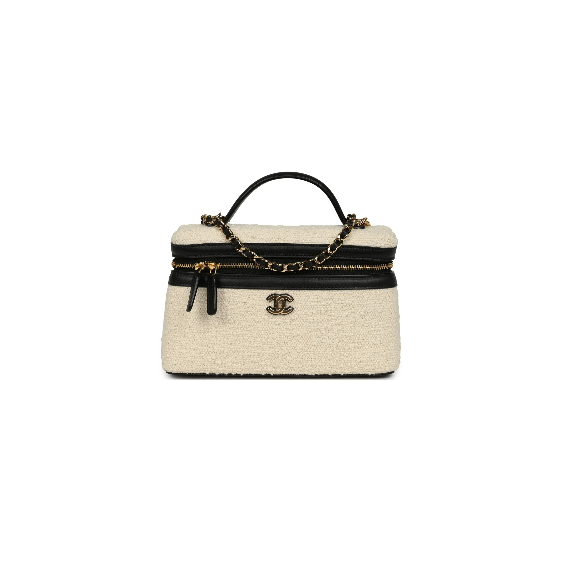 CHANEL COCO BEACH TOP HANDLE LONG VANITY CASE WITH CHAIN ECRU TWEED AND BLACK CALFSKIN GOLD HARDWARE (19*13*5cm) 